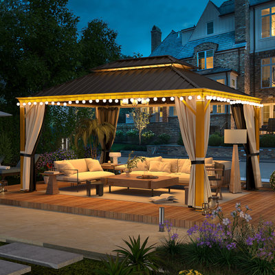 Hardtop Gazebo, Aluminum Frame Gazebos With Galvanized Steel Double Roof, Permanent Outdoor Metal Pavilion With Curtain And Netting For Patio, Lawn, Deck