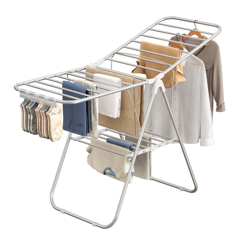 Clothes Drying Rack, With Sock Clips, Metal Laundry Rack, Foldable, Space-Saving, Free-Standing Airer, Indoor Outdoor Use