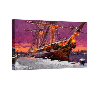 «Christmas Christmas Ship At Dusk Snowy Harbor», ensemble de 3 reproductions d'art sur toile