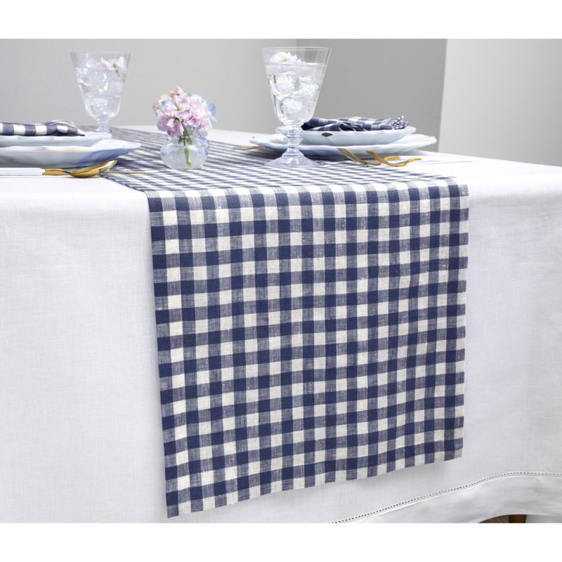 Gingham Checks - 100% Pure Linen Table Runner, Navy, 144" x 14"
