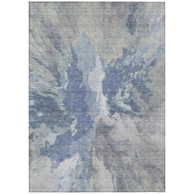 3' X 5' Denim Blue And Linen Abstract Washable Indoor Outdoor Area Rug