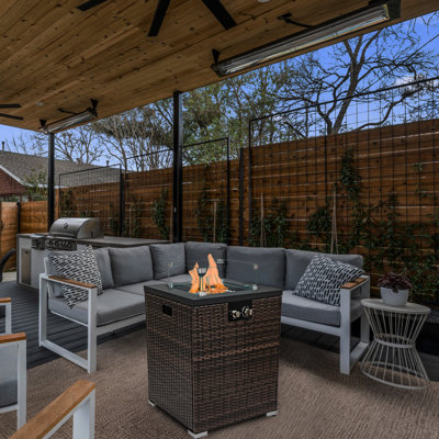 Foyer de jardin avec pare-brise, brûleur en acier inoxydable, foyer d'extérieur avec pare-pluie, pare-vent en verre, brûleur et plateau de table