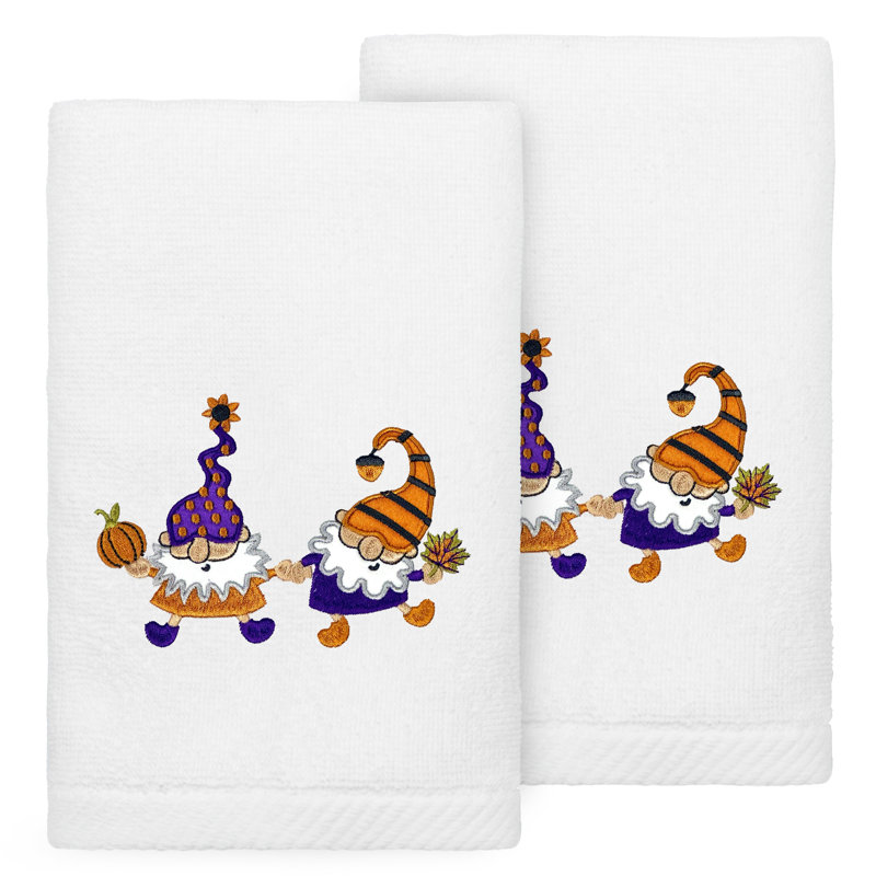 The Holiday Aisle® HALLOWEEN GNOMES - Embroidered Luxury 100% Turkish Cotton Hand Towels (Set Of 2), White