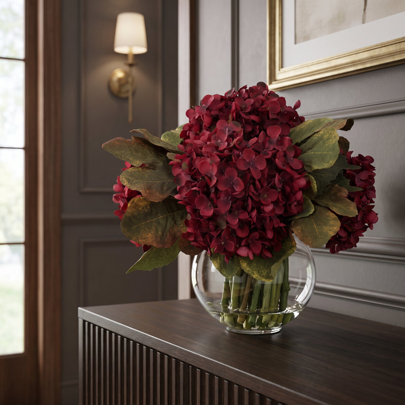 Fall Centerpiece with Hydrangeas and Fig Leaves