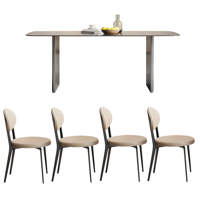 Modern Stainless Steel Base Rock Dining Table 4 - Person Double Pedestal Base Dining Set, 29.5"H x 78.7"L x 35.4"W
