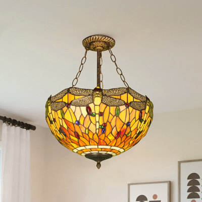 Lustre en vitrail style libellule 3 lumières 16 "à intensité variable Tiffany