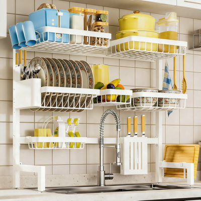 Over Sink Dish Drying Rack With Utensil Knife Holder Adjustable White