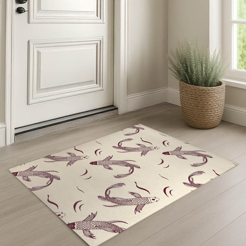 Tapis d'entrée intérieur ultra fin, léger et antidérapant à motif de carpes koï, Vin, L 36 po x L 60 po