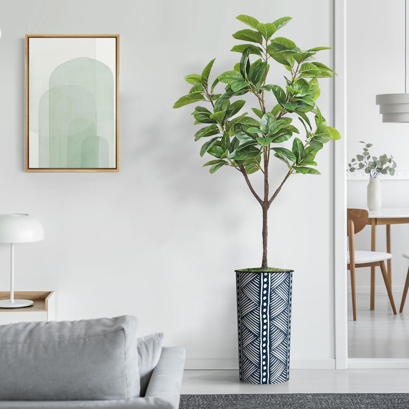 Arbre artificiel dans un pot à fleurs texturé blanc minimaliste moderne, Geometric Abstract Navy
