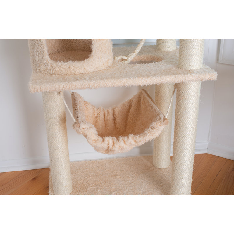 70'' Beige Faux Fur Multi-Level Cat Tree with Sisal Posts