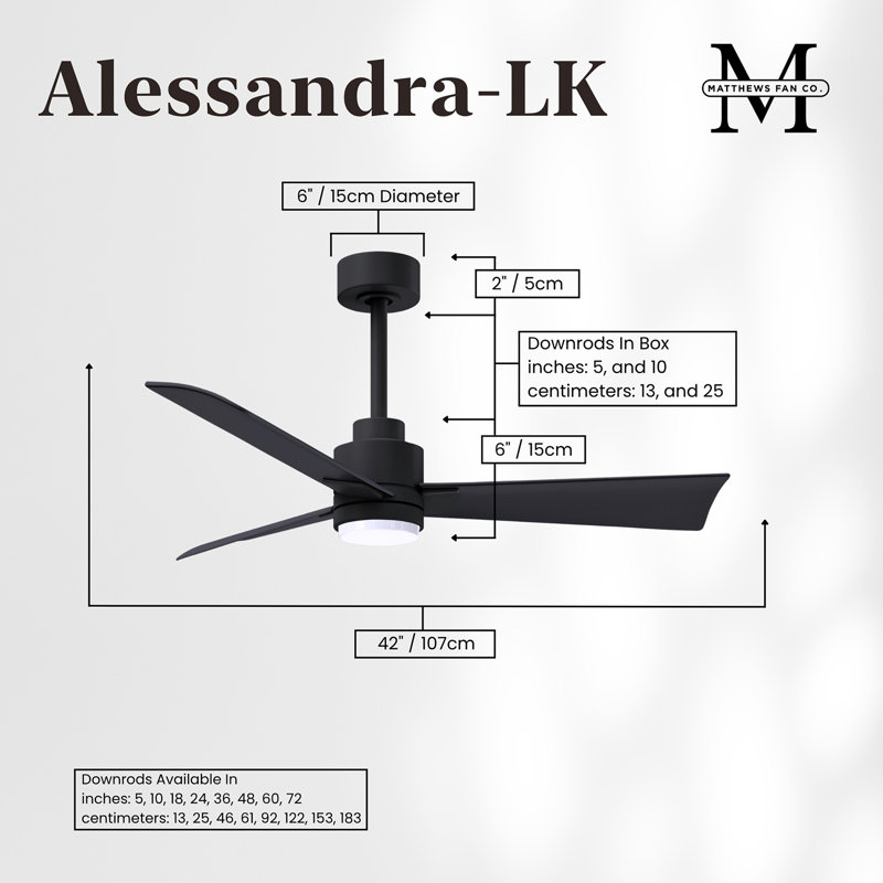 Alessandra - Three Blade Transitional Ceiling Fan -LED, Matte Black, 42", Matte Black
