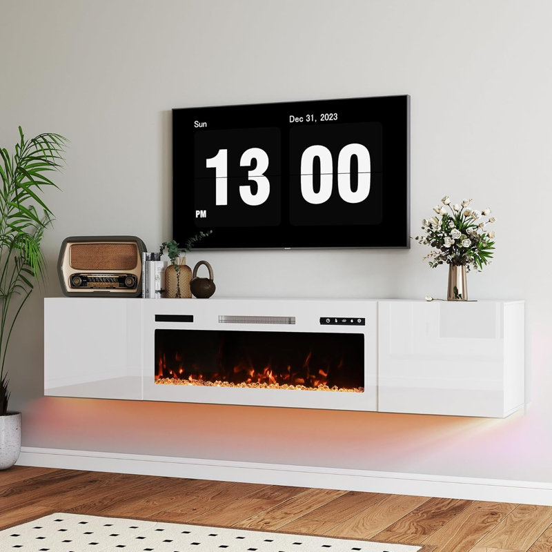 Meuble télé 70 po avec foyer électrique 36 po, centre de divertissement mural avec rangement, télécommande, foyer à DEL moderne pour téléviseur de 80 po ou moins, tout blanc