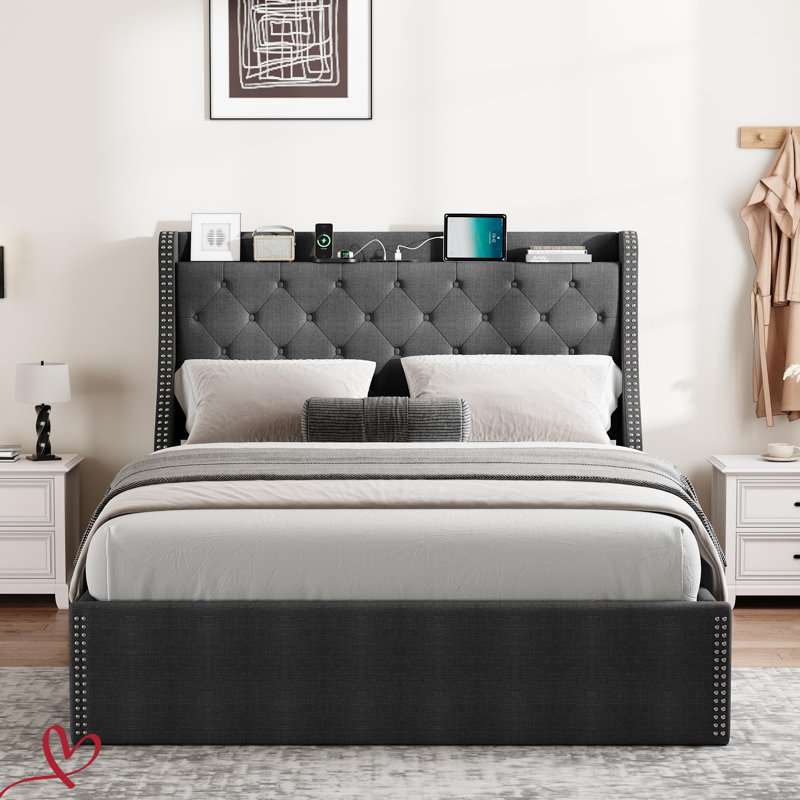 Full/Queen Bed Frame with 4 Storage Drawers and Wing Back Headboard No Spring Box Charging Station, Gray/Queen