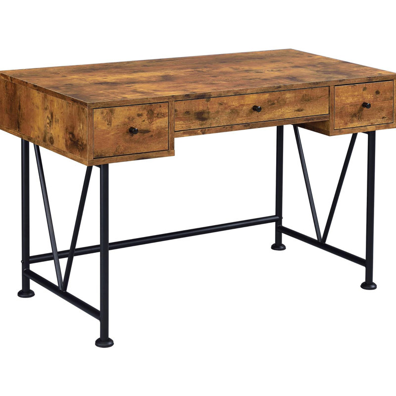 Bureau antique rustique en noyer muscade et noir, 3 tiroirs, idéal pour un bureau à domicile confortable ou un usage professionnel.