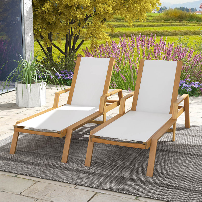 Chaise longue d'extérieur 2 pièces avec cadre réglable en bois massif à 5 positions de dossier, 2