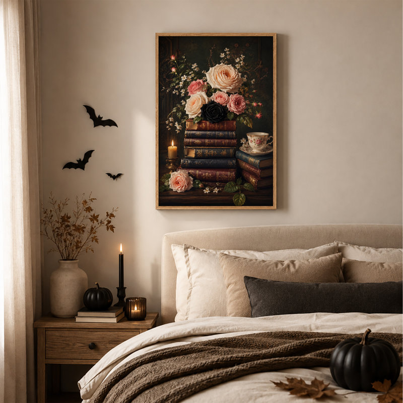 Art rétro sur toile, livres rétro avec roses roses et noires, H 48 po x l 32 po