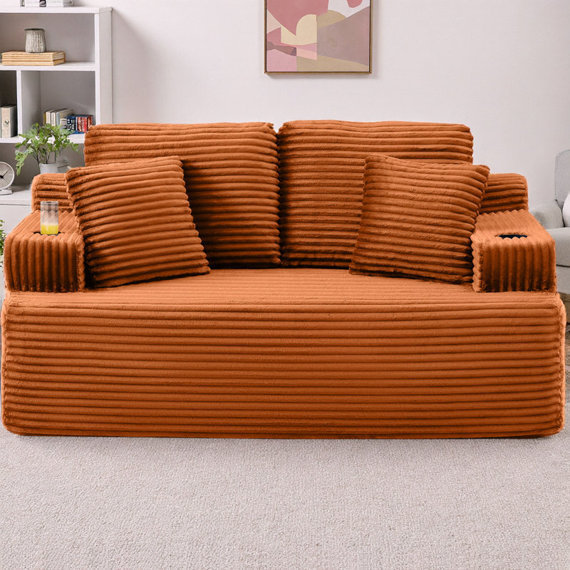 Canapé de 66,5 po de style nuage sans os, canapé 2 places avec porte-gobelet et poches latérales, canapé en velours côtelé moderne à profil bas sans assemblage requis pour les petits espaces