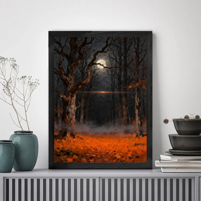 Art mural encadré noir, forêt de clair de lune, impression de cadre fantaisiste foncé rétro
