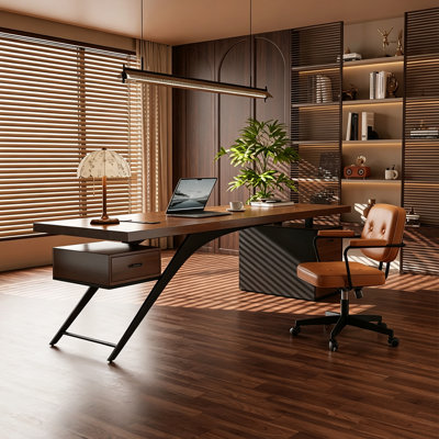 70.87" Mid-Century Pine Wood Office Desk with Iron Frame – Vintage Solid Wood Computer Table with Drawer for Home Study