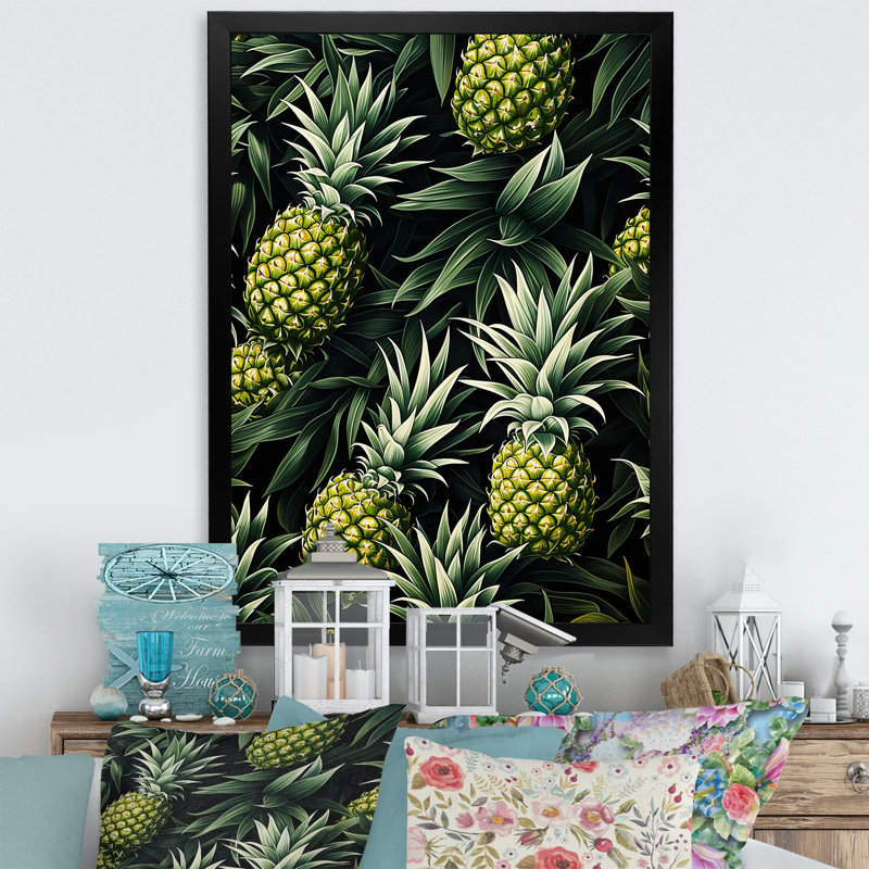 Vert et ananas paradis II - ananas, art mural, Cadre simple noir, H 44 po x l 34 po x P 1,5 po