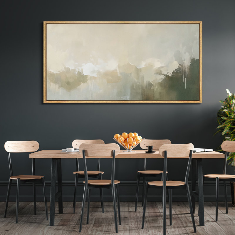 Toile encadrée avec tons de terre, ciel abstrait et montagnes dans les verts, Naturel, H 30 po x l 60 po
