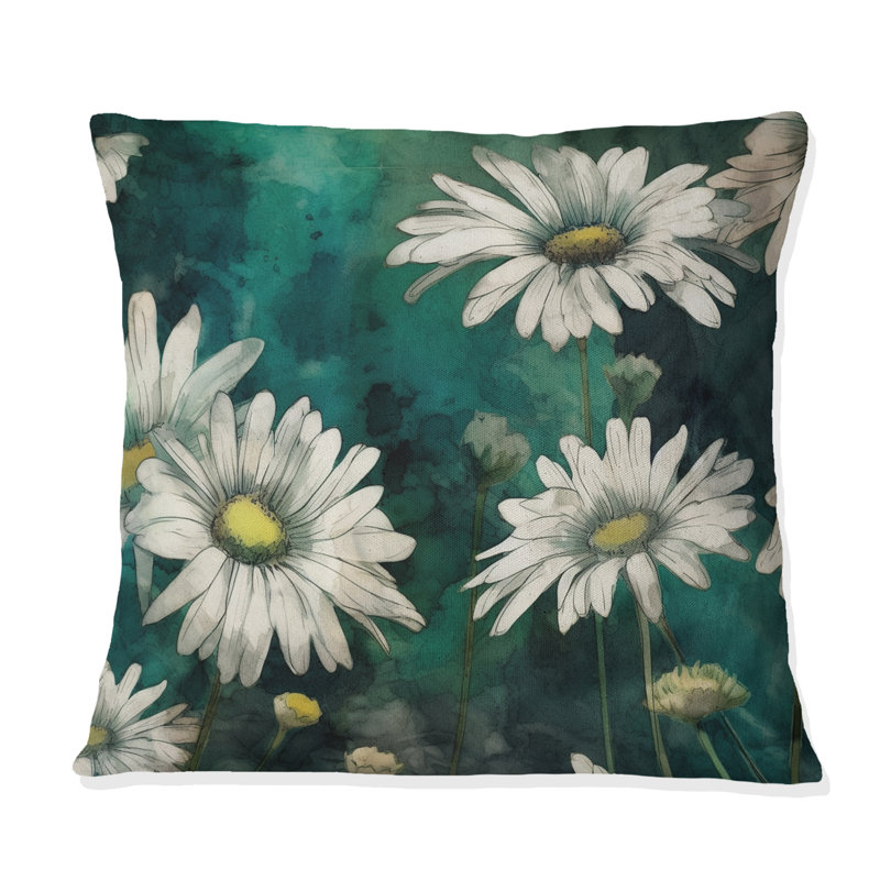 Coussin décoratif à motif floral marguerite blanche et sarcelle
