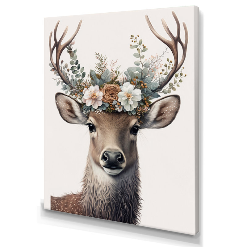 «Cute Baby Caribou with Floral Crown IV», reproduction sur toile flottante, H 20 po x l 12 po x P 1 po, Toile tendue