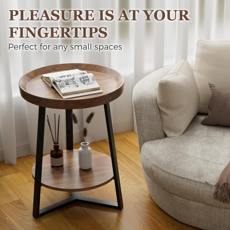 Brown Round Wood and Metal End Table with Storage Shelf