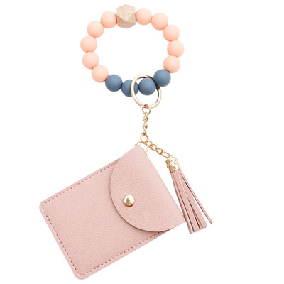 Backpack Silicone Bead Bracelet Solid Color Card Bag Keyring Wallet Leather Fringe Multi-Card Compartment Coin Purse Leather Card Bag