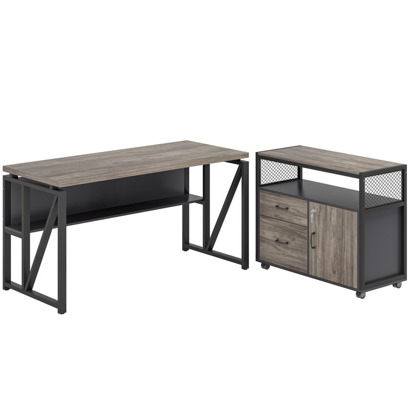 Modern 63" Executive Computer Desk and 31"Lateral File Cabinet, Professional  Home Office Furniture, Gray/Black