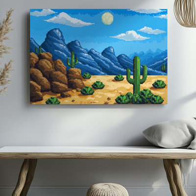 Toile «A Vibrant Pixel Art», paysage désertique avec de grands cactus verts, art mural éparpillé sur un terrain sablonneux avec des affleurements rocheux sur toile