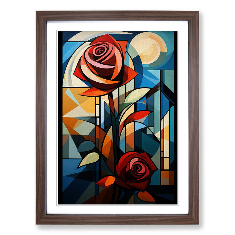 Rose Constructivism No.2 - Single Picture Frame Print on Wood, 46cm H x 34cm W x 2cm D, Walnut