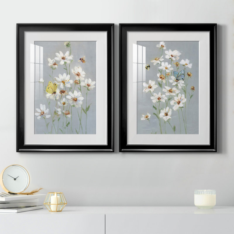 «Gathering Daisies I», ensemble de 2 reproductions d'art, H 18,5 po x l 49 po x P 1,5 po, Papier encadré noir, Blanc