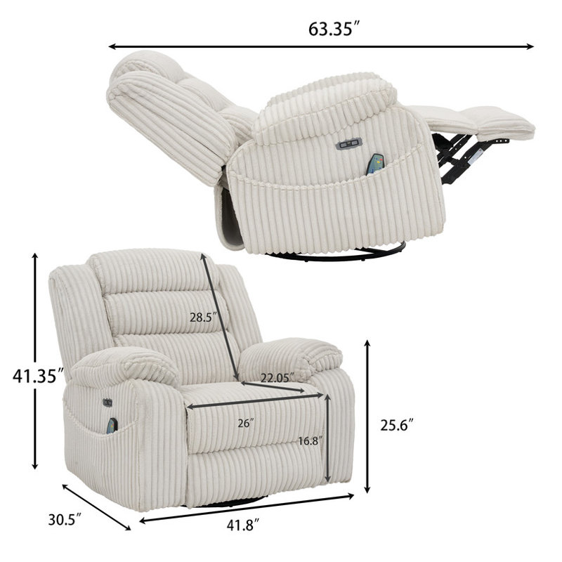 26'' Seat Wide Smooth Velvet Swivel Power Recliner Zero Gravity Reclining with USB Port, White