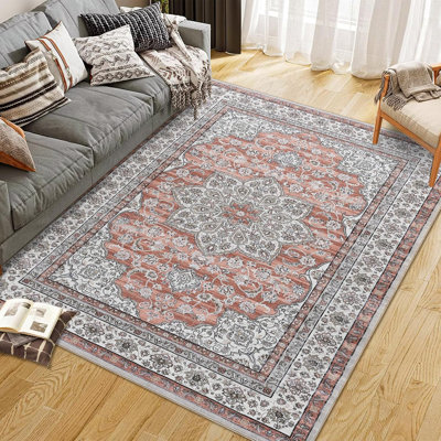 Vintage Washable Area Rug, Floral Medallion, Soft Accent Carpet for Living Room, Bedroom, Entryway, Non-Slip, Low-Pile, 2x6ft (Brown)