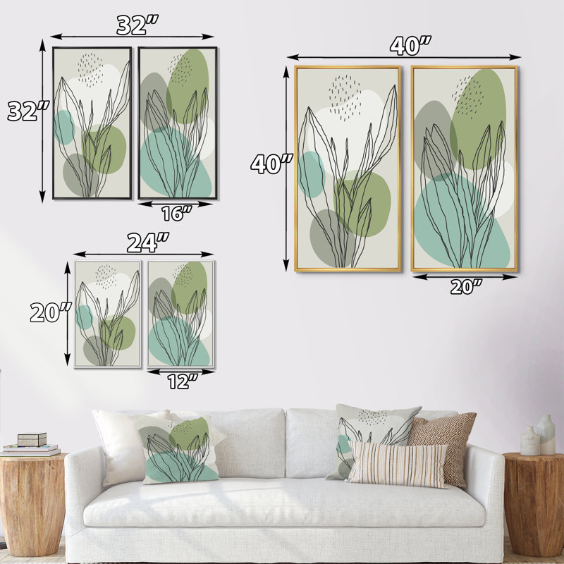 «Green Botanical Abstract Leaves I», ensemble de 2 peintures, H 20 po x l 24 po x P 1 po, Cadre blanc