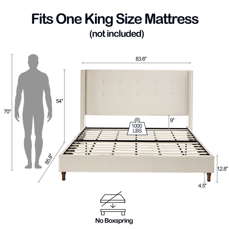 Peyton Upholstered King Bed with 54" Tall Tufted Headboard, Nailhead Trim Wingback, No Box Spring Needed, Ivory Velvet, Ivory