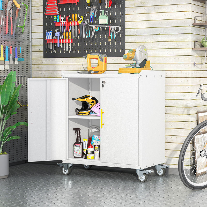 Metal Small 35.6" Garage Storage Cabinet with Locking Doors ,Rolling Wheels and Adjustable Shelves, 35.6"H, White