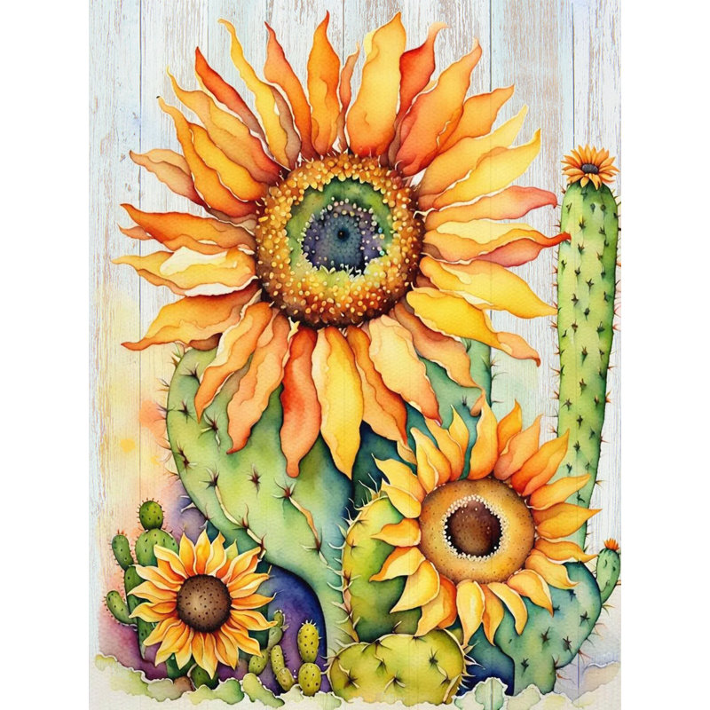 Tournesol et cactus en fleurs sur bois patiné, art mural, H 24 po x l 20 po x P 1,5 po