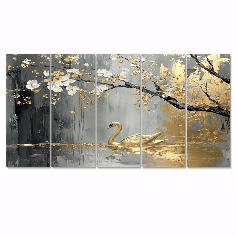 «Grey and Gold Swans Love Under Cherry Blossom I», ensemble d'art sur toile Cherry Blossom, H 28 po x l 60 po