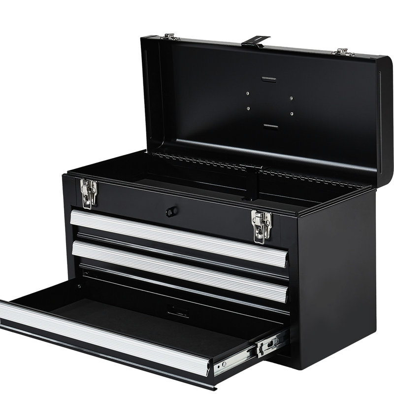 Boîte à outils portative noire de 20,5 pouces avec 3 tiroirs, en métal, à verrouillage automatique, rails de roulement, rembourrage pour la protection et la configuration de rangement Boîte en métal, organisateur, couvercle anti-éclaboussures, coffre-fort silencieux