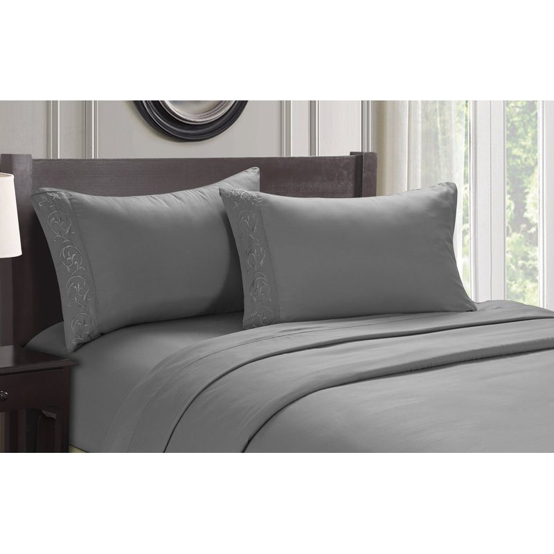 Microfiber Embroidered Sheet Set, Twin, Gray