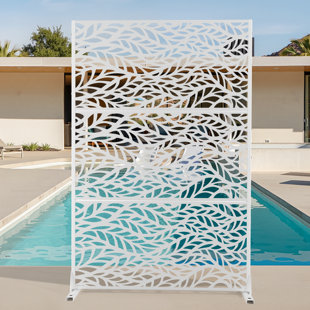 Metal Privacy Screen with Stand, Weather Resistant Outdoor Privacy Screen, Freestanding Outdoor Privacy Fence for Patio, Balcony or Deck – Leaf Pattern