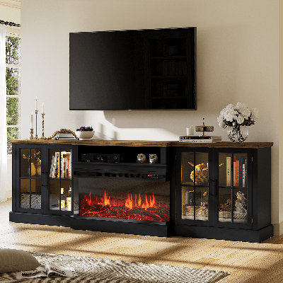98" Tv Stand With Electric Fireplace, Large Entertainment Center For Over 100" Tvs, Tv Console With Cable Holes, Adjustable Shelves & Glass Doors