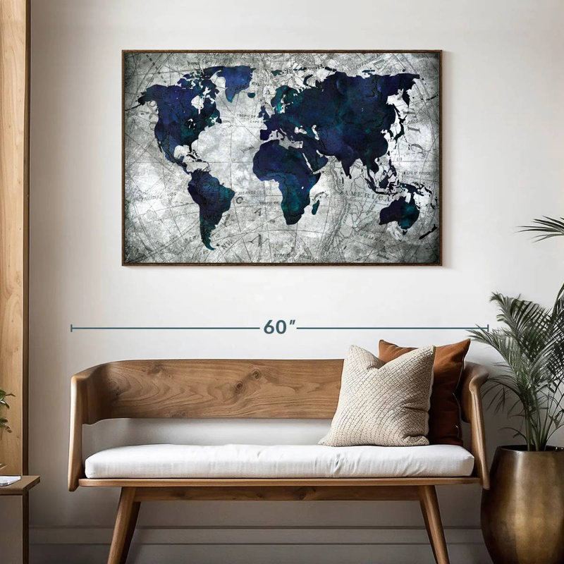 World Map, 46" X 31", Floating Frame Walnut