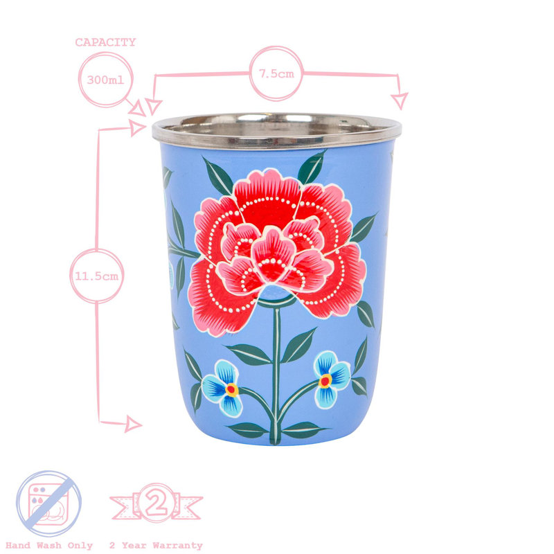 East Urban Home Hand-Painted Picnic Water Jug with 300ml Multicolour Cups - 1.7L - Mint Peony, Black
