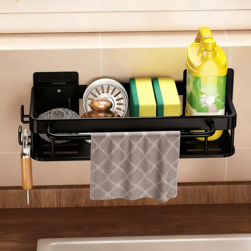 Séchoir à vaisselle au-dessus de l'évier avec porte-éponge et panier de rangement, organisateur d'évier de cuisine pour éponges, brosses, bouteilles de savon et ustensiles (y compris les crochets et les tiges de séchage)