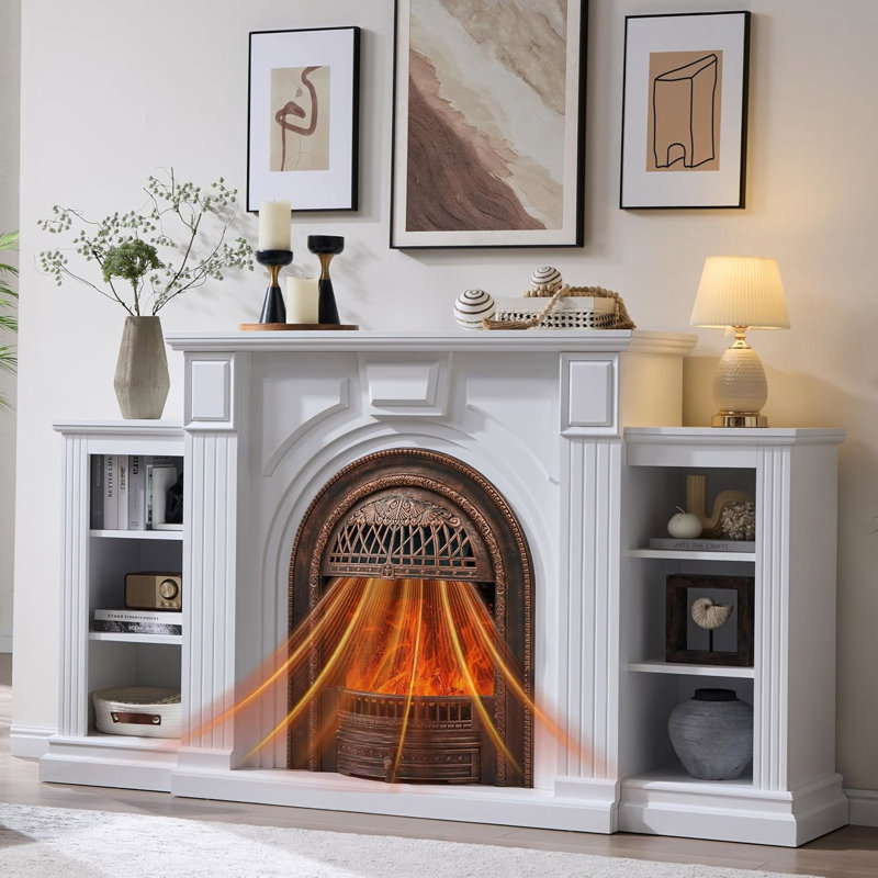 Foyer électrique 76 po avec manteau de cheminée, chauffage bronze, meuble télé avec foyer et rangement, Blanc