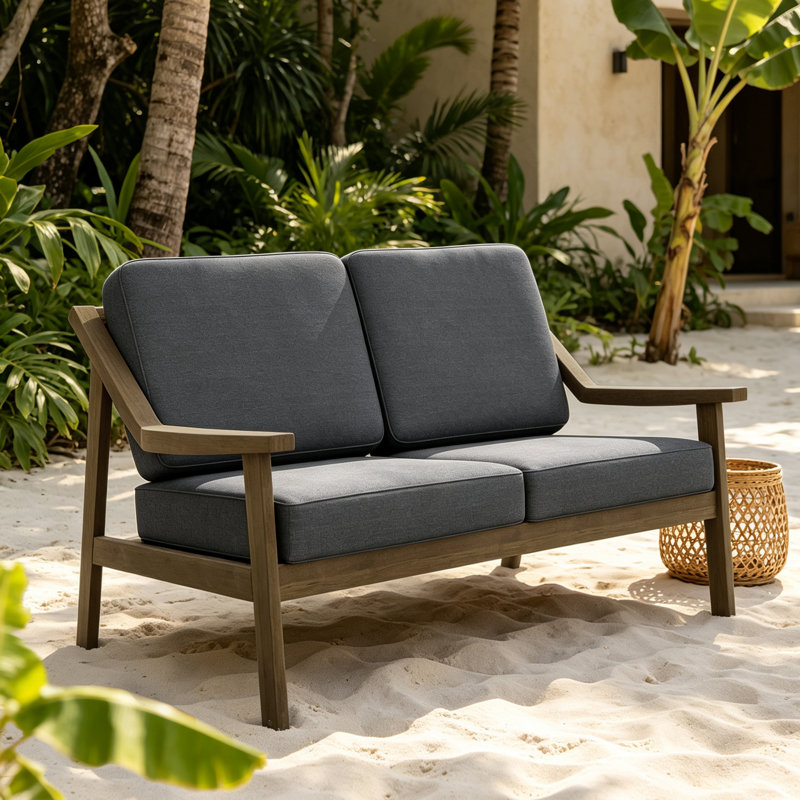 Causeuse d'extérieur en bois de teck avec coussin et accoudoirs Marlo, Gris foncé, Brun