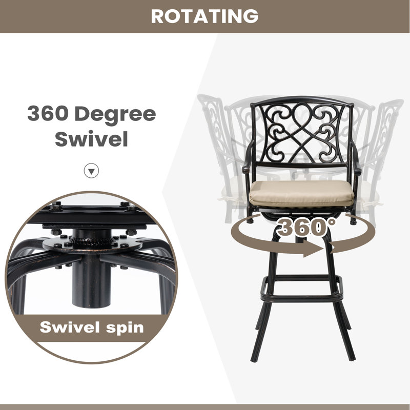 Tabouret de bar pivotant en aluminium pour l'extérieur 30 po avec coussin Sunbrella, Beige clair